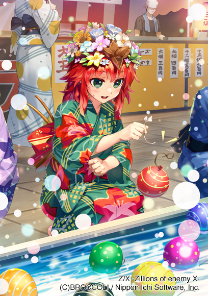 ryuutetsu, z/x, official art, 1girl, 4others, benihime (z/x), copyright notice, floral print, floral print kimono, flower, food stand, green eyes, hair flower, hair ornament, japanese clothes, kimono, light particles, medium hair, multiple others, open mouth, outdoors, print kimono, red hair, squatting, summer festival, sweatdrop, water yoyo, yo-yo fishing