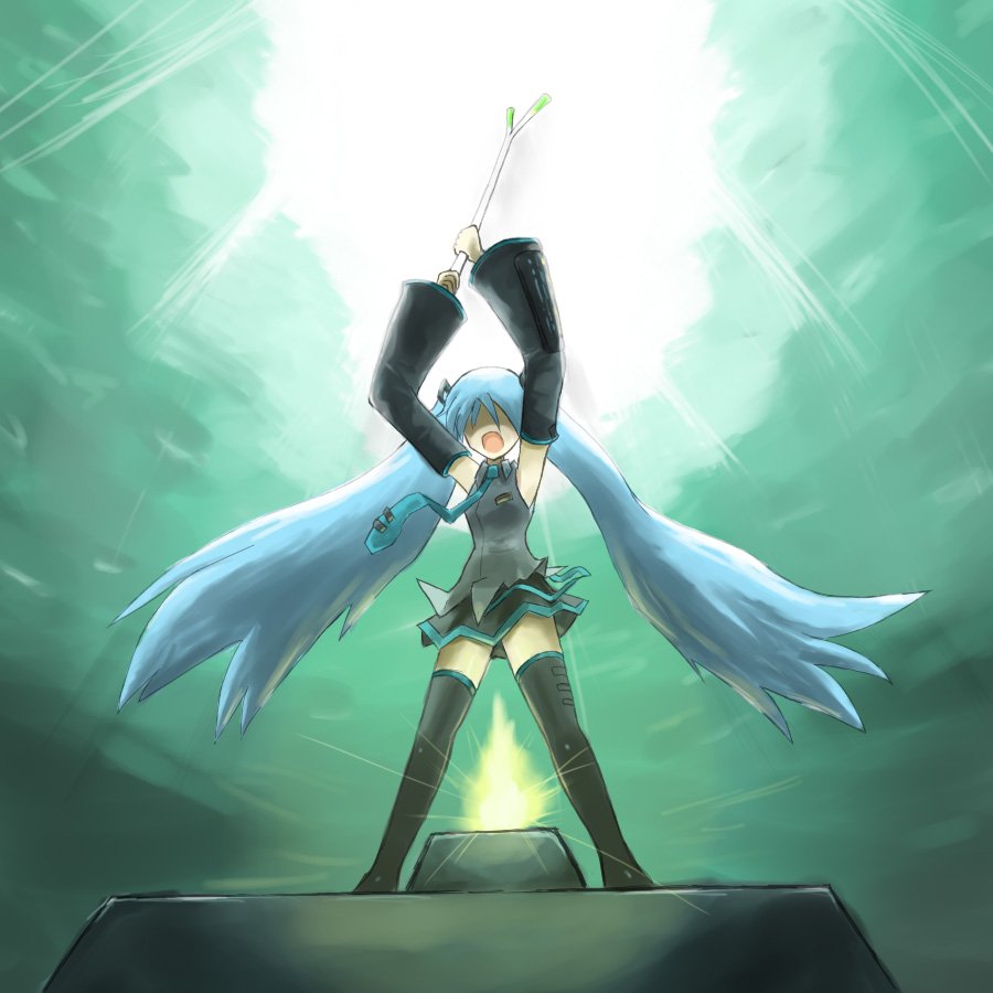 gozu (pixiv), gozu (pixiv4674), neri gozu, hatsune miku, vocaloid, bad id, bad pixiv id, 1girl, aqua hair, detached sleeves, female focus, long hair, necktie, skirt, solo, spring onion, thighhighs, twintails, zettai ryouiki