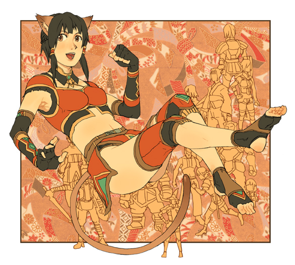 kirio, minami (yuumi kirio), mithra (ff11), final fantasy, final fantasy xi, 00s, 1girl, animal ears, barefoot, black hair, cat girl, elbow gloves, feet, female focus, gloves, midriff, short hair, solo, tail, toeless legwear, toes