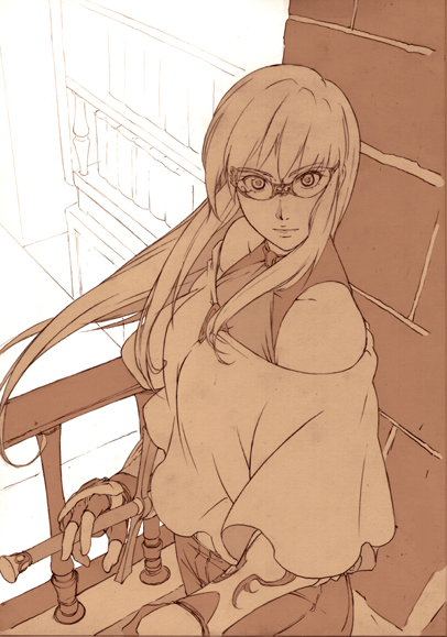 kirio, minami (yuumi kirio), baton, 1girl, brown theme, female focus, glasses, long hair, monochrome, orange theme, realistic, solo