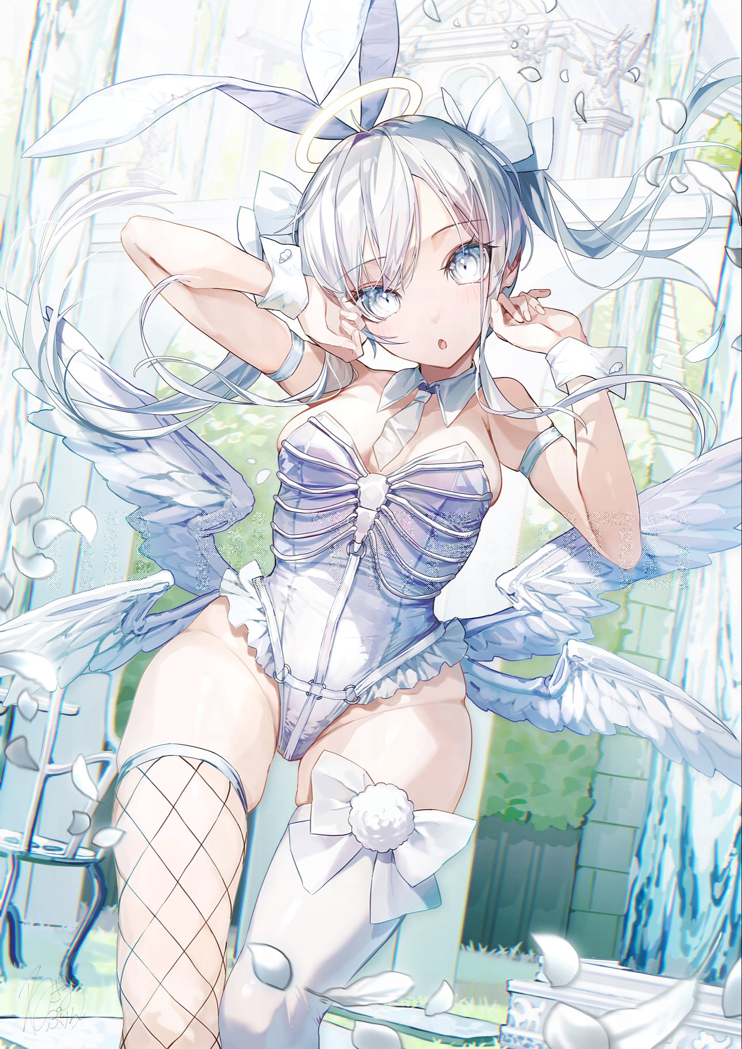 negimapurinn, original, highres, 1girl, angel, angel wings, animal ears, armlet, asymmetrical legwear, bare shoulders, blush, bow, breasts, detached collar, fake animal ears, fishnet pantyhose, fishnets, hair bow, halo, jewelry, leotard, long hair, looking at viewer, medium breasts, mismatched legwear, necktie, open mouth, outdoors, pantyhose, playboy bunny, rabbit ears, solo, strapless, strapless leotard, thighhighs, white bow, white eyes, white hair, white leotard, white necktie, white thighhighs, wings, wrist cuffs