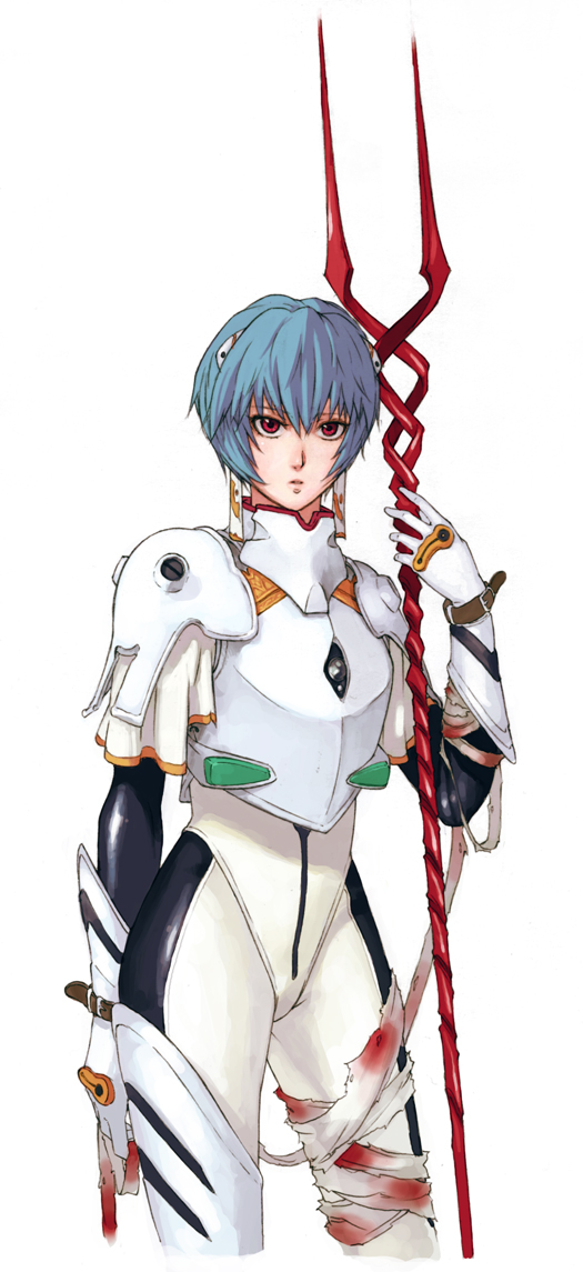 kirio, minami (yuumi kirio), ayanami rei, neon genesis evangelion, long image, tall image, 1girl, adapted costume, alternate costume, armor, bandages, bident, blood, blue hair, female focus, lance of longinus (evangelion), mecha pilot suit, plugsuit (evangelion), polearm, red eyes, short hair, solo, weapon