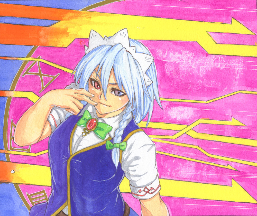 houtengeki, izayoi sakuya, touhou, acrylic paint (medium), graphite (medium), painting (medium), traditional media, 1girl, blue hair, braid, female focus, maid, red eyes, solo
