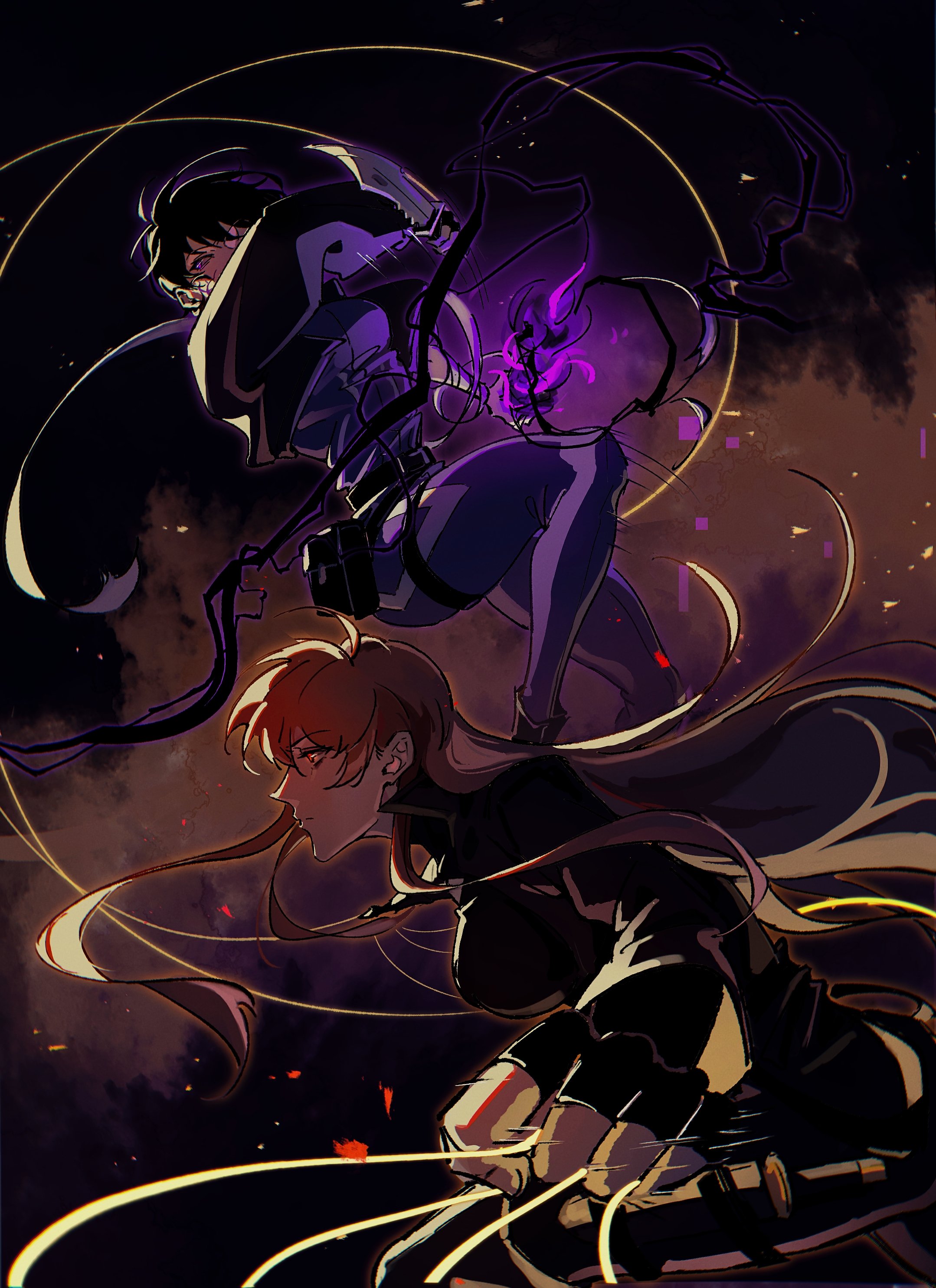youyi494050, han sooyoung, yoo sangah, omniscient reader's viewpoint, absurdres, highres, 2girls, black bodysuit, black gloves, black hair, bob cut, bodysuit, breasts, brown hair, clenched hand, dagger, dark, embers, fanny pack, fighting, fingerless gloves, floating, full body, glitch, gloves, hair flowing over, holding, holding dagger, holding knife, holding weapon, incoming attack, knees up, knife, magic, multiple girls, purple eyes, serious, short hair, string, weapon