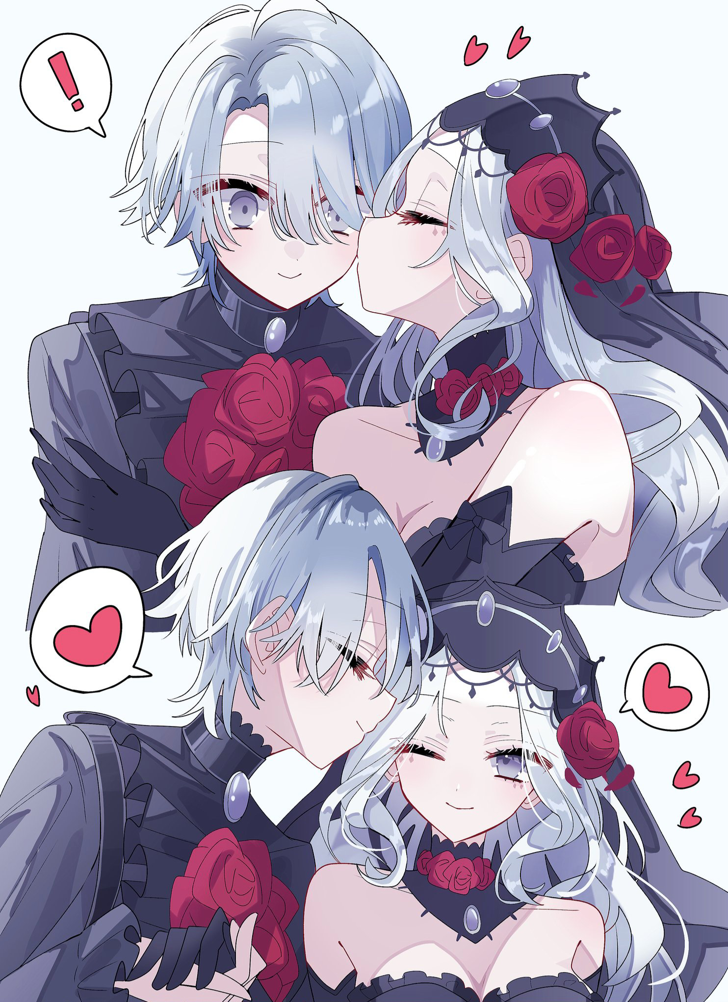 potechi (kaoriion613), ada mesmer, ada mesmer (everlasting night), emil (identity v), emil (luminary) (identity v), identity v, highres, 1boy, 1girl, black collar, black gloves, black shirt, black veil, c:, collar, detached collar, elbow gloves, flower, frilled shirt, frills, gloves, grey eyes, hair intakes, heart, hetero, kiss, kissing cheek, official alternate costume, one eye closed, red flower, red rose, rose, shirt, smile, spoken heart, veil, wavy hair, white hair
