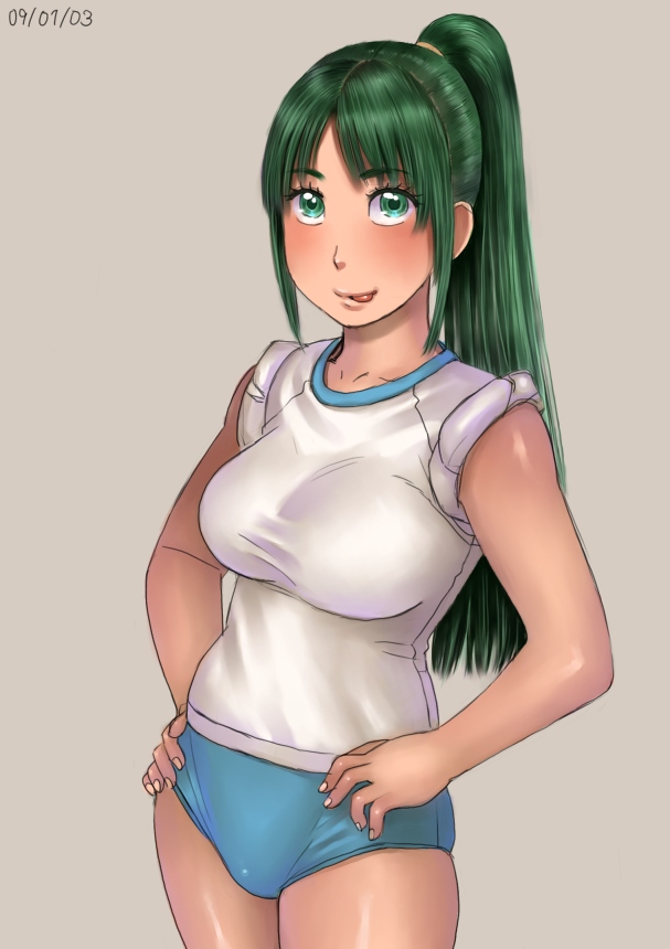 zenkou, sonozaki mion, higurashi no naku koro ni, 00s, 1girl, :p, breasts, buruma, female focus, green eyes, green hair, gym uniform, long hair, matching hair/eyes, ponytail, shirt, solo, taut clothes, taut shirt, tongue, tongue out