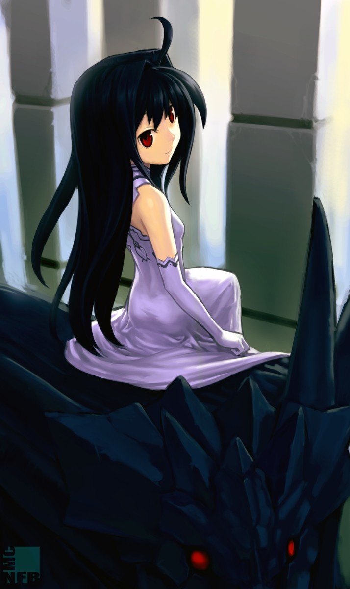 nfb-zmc, altrouge brunestud, primate murder, tsukihime, highres, 00s, 1girl, black hair, dress, elbow gloves, female focus, flat chest, gloves, gown, long hair, princess, red eyes, smile, solo