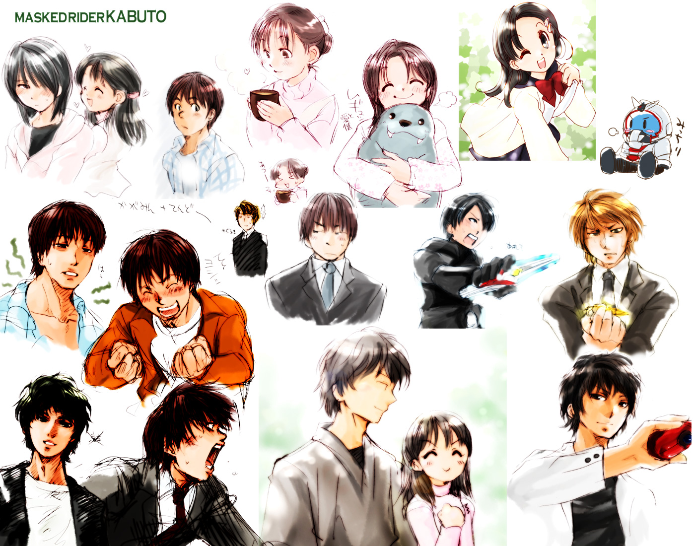 kagami arata, kamen rider kabuto, kusakabe hiyori, tendou juka, tendou jyuka, tendou souji, yaguruma sou, kamen rider, kamen rider kabuto (series), 2girls, 3boys, ^ ^, black hair, blush, bow, bowtie, brown hair, closed eyes, collarbone, copyright name, from above, head tilt, long sleeves, looking at viewer, looking up, multiple boys, multiple girls, red bow, red bowtie, shirt, simple background, white background, white shirt