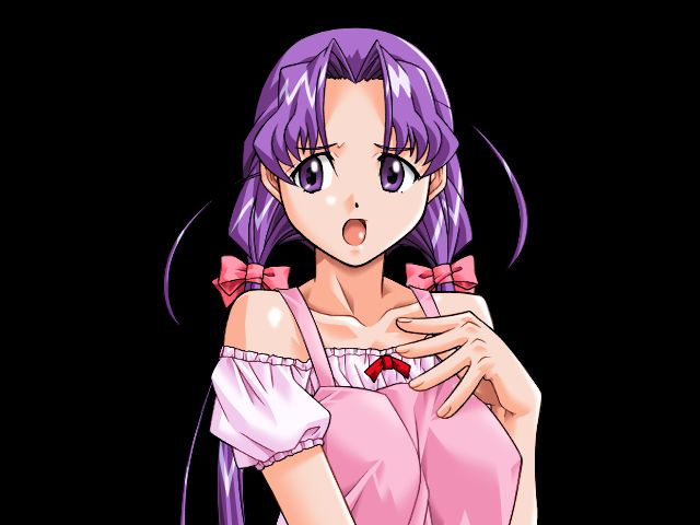 mame, boku no himitsu taiken, game cg, variant set, 1990s (style), 1girl, bare shoulders, black background, bow, breasts, collarbone, covered erect nipples, curtained hair, dress, hair bow, hand on own chest, large breasts, long hair, looking to the side, low twintails, nonaka yoshiko (boku no himitsu taiken), off shoulder, open mouth, parted bangs, pink bow, pink dress, purple eyes, purple hair, raised inner eyebrows, retro artstyle, short sleeves, simple background, solo, tachi-e, tareme, twintails, upper body, very long hair