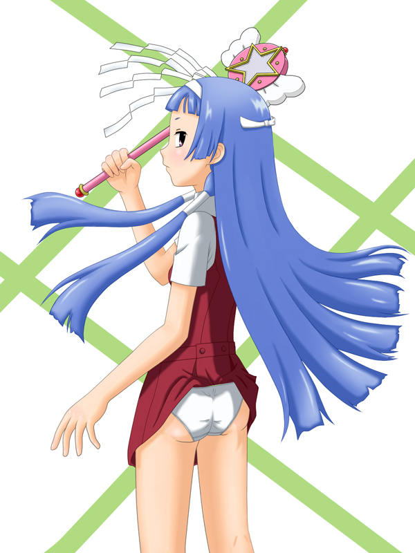wasabin, nagi, kannagi, bad id, bad pixiv id, 00s, 1girl, ass, blue hair, blunt bangs, clothes lift, female focus, hair tubes, hairband, long hair, panties, pleated skirt, school uniform, skirt, skirt lift, solo, underwear, wand