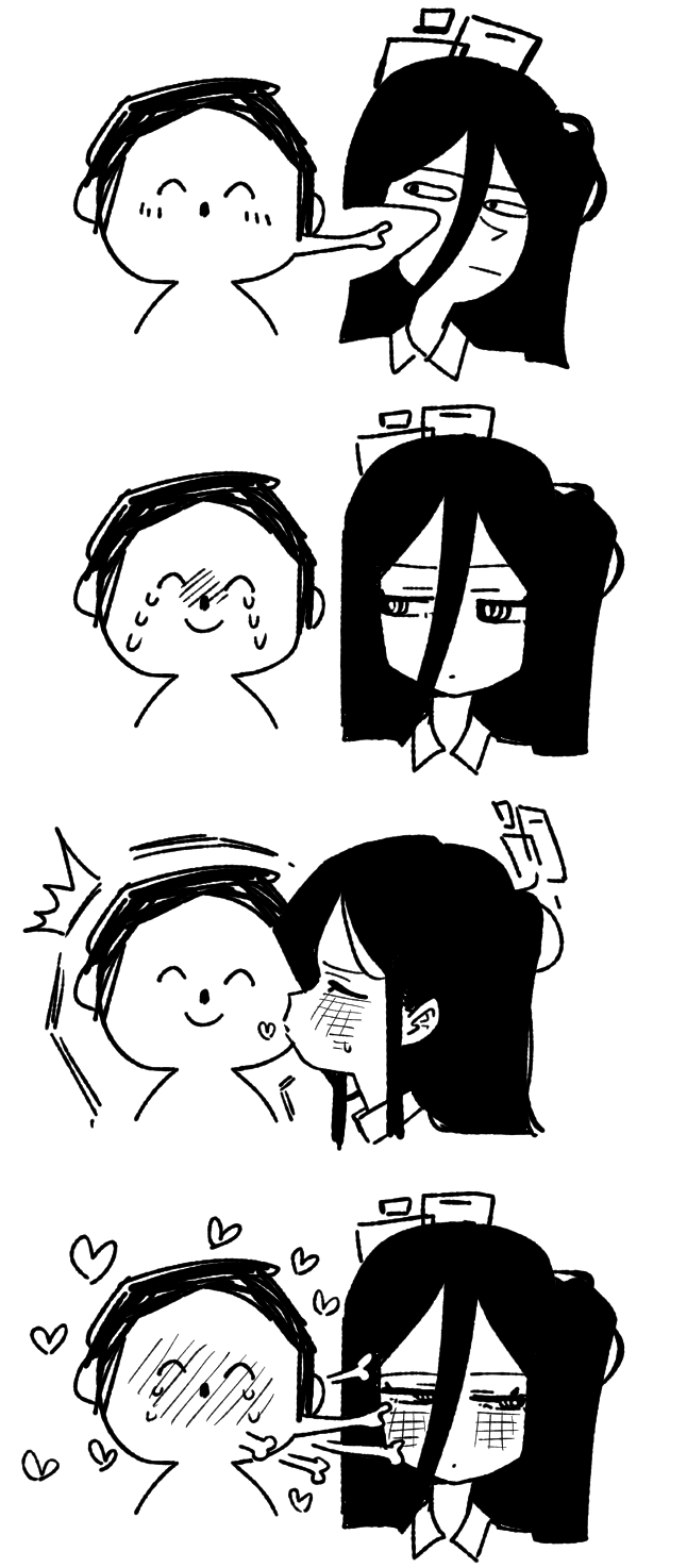 asahina yoshitoshi, aris (blue archive), doodle sensei (blue archive), sensei (blue archive), blue archive, highres, 1boy, 1girl, :|, ^^^, ^ ^, blush, closed eyes, closed mouth, cropped head, crying, halo, heart, high contrast, kiss, long hair, maomao evading jinshi's kiss (meme), meme, monochrome, puckered lips, rectangular halo, simple background, smile, white background, wing collar