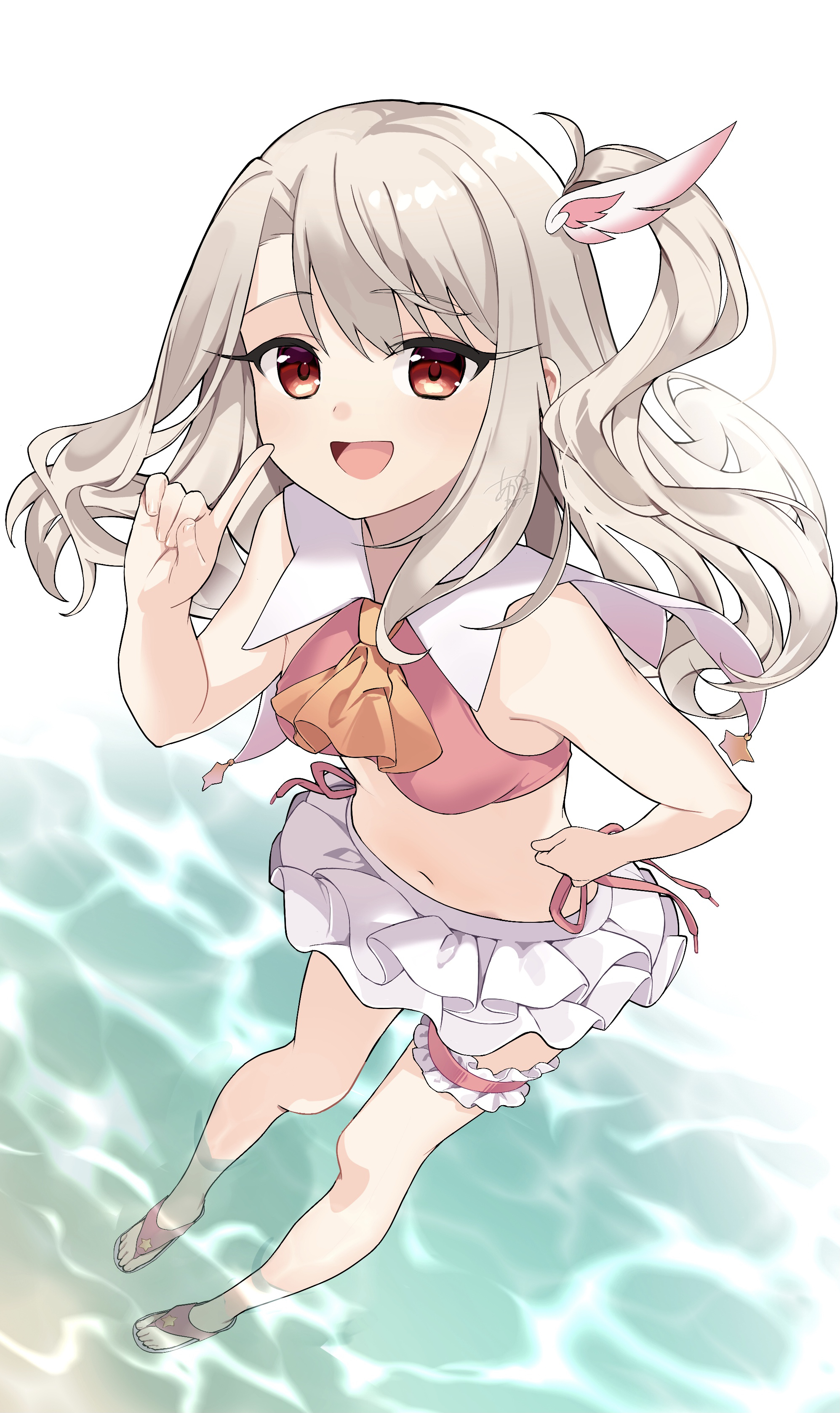 akaneko016, illyasviel von einzbern, prisma illya, fate/kaleid liner prisma illya, fate (series), absurdres, highres, 1girl, adapted costume, ascot, bare shoulders, barefoot, bikini, blush, breasts, capelet, feather hair ornament, feathers, frilled thigh strap, full body, hair ornament, index finger raised, long hair, looking at viewer, miniskirt, one side up, open mouth, pink bikini, red eyes, sidelocks, skirt, small breasts, smile, solo, swimsuit, thigh strap, white capelet, white hair, white skirt
