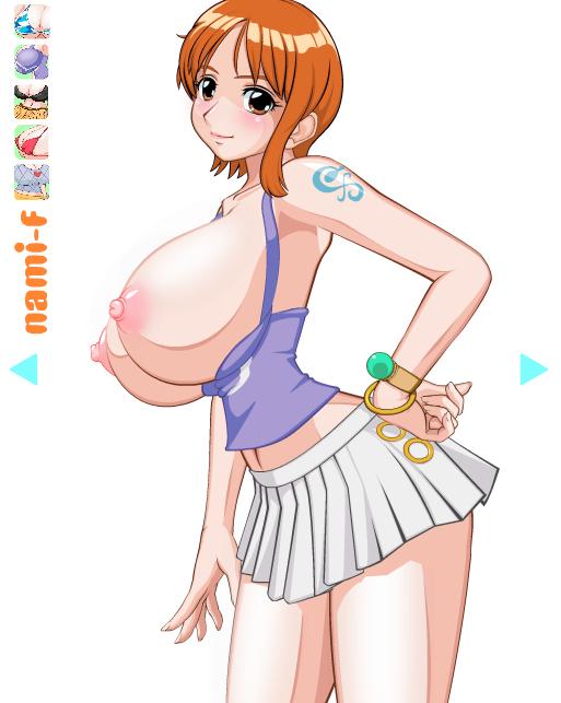 flying tree frog, nami (one piece), nami (one piece) (water 7), one piece, 1girl, bracelet, breasts, breasts out, brown eyes, character name, cowboy shot, huge breasts, jewelry, log pose, orange hair, short hair, shoulder tattoo, skirt, tattoo, white background, white skirt