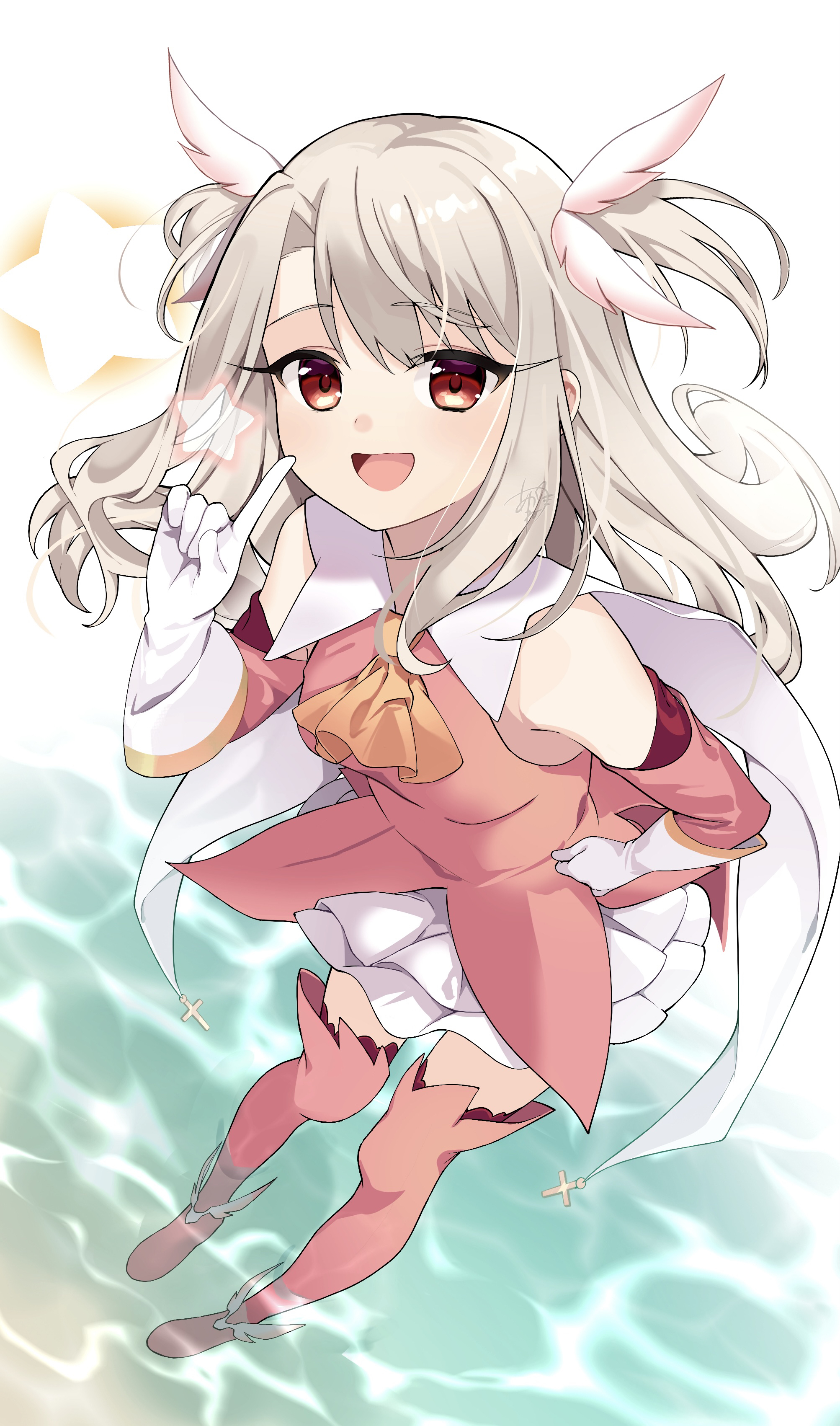 akaneko016, illyasviel von einzbern, prisma illya, fate/kaleid liner prisma illya, fate (series), absurdres, highres, 1girl, ascot, bare shoulders, blush, boots, breasts, cape, dress, elbow gloves, feather hair ornament, feathers, full body, gloves, hair ornament, index finger raised, layered gloves, long hair, looking at viewer, open mouth, pink boots, pink dress, pink gloves, red eyes, sidelocks, skirt, small breasts, smile, solo, star (symbol), thigh boots, two side up, white cape, white gloves, white hair, white skirt