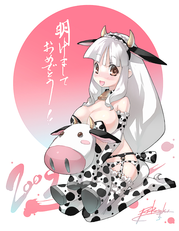 kousaki rui, 00s, 1girl, 2009, animal ears, animal print, bell, breasts, collar, cow, cow ears, cow girl, cow print, cowbell, elbow gloves, garter belt, gloves, horns, kneeling, large breasts, long hair, low-tied long hair, neck bell, new year, stuffed animal, stuffed toy, thighhighs, white hair