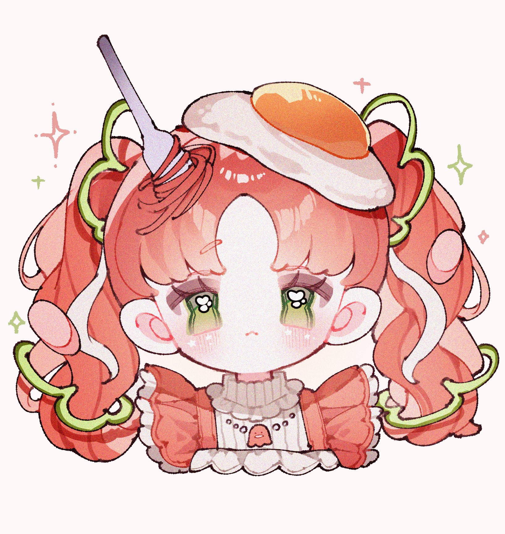 upa papa co, original, commentary, english commentary, highres, 1girl, blush, closed mouth, cropped shoulders, egg (food), food, fork, green eyes, jewelry, long hair, looking at viewer, napolitan, necklace, parted bangs, personification, pink background, red hair, red shirt, shirt, simple background, solo, sparkle, twintails