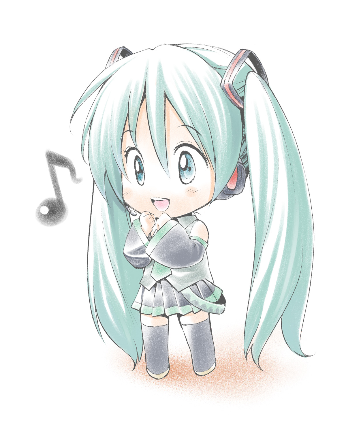 yaguchiya, yaguchiya tomoshi, hatsune miku, vocaloid, bad id, bad pixiv id, highres, 1girl, aqua eyes, aqua hair, chibi, detached sleeves, female focus, headset, long hair, musical note, skirt, solo, twintails