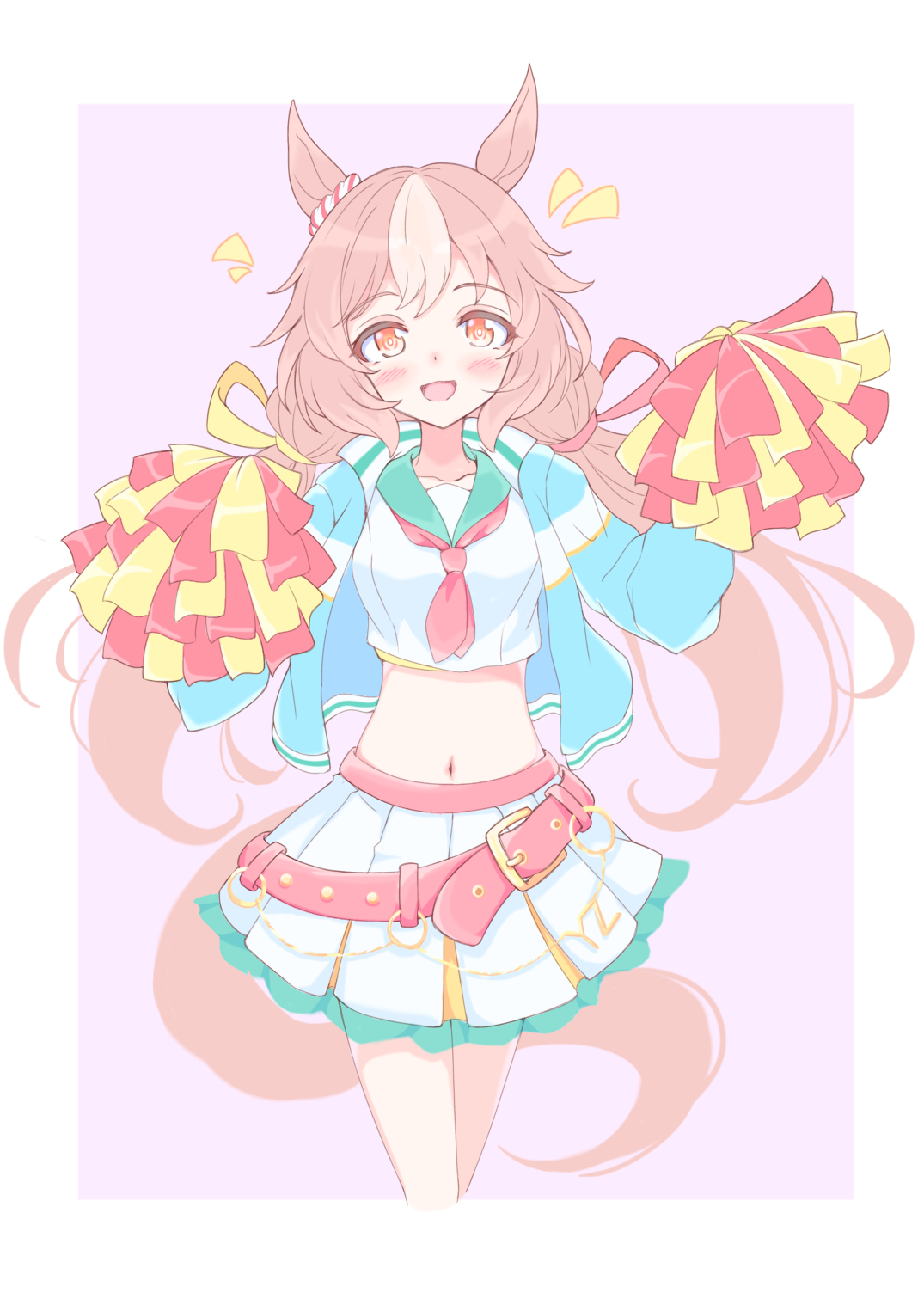 yamanin zephyr (umamusume), umamusume, highres, 1girl, alternate costume, animal ears, belt, blue jacket, blush, breasts, brown eyes, brown hair, cheerleader, collarbone, crop top, cropped shirt, ear ornament, hair between eyes, hair ornament, holding, holding pom poms, horse ears, horse girl, horse tail, jacket, long hair, looking at viewer, low twintails, midriff, multicolored hair, navel, neckerchief, open clothes, open jacket, open mouth, pink belt, pink neckerchief, pom pom (cheerleading), pom poms, red eyes, shirt, shusanpo1, skirt, smile, solo, tail, twintails, white hair, white shirt, white skirt