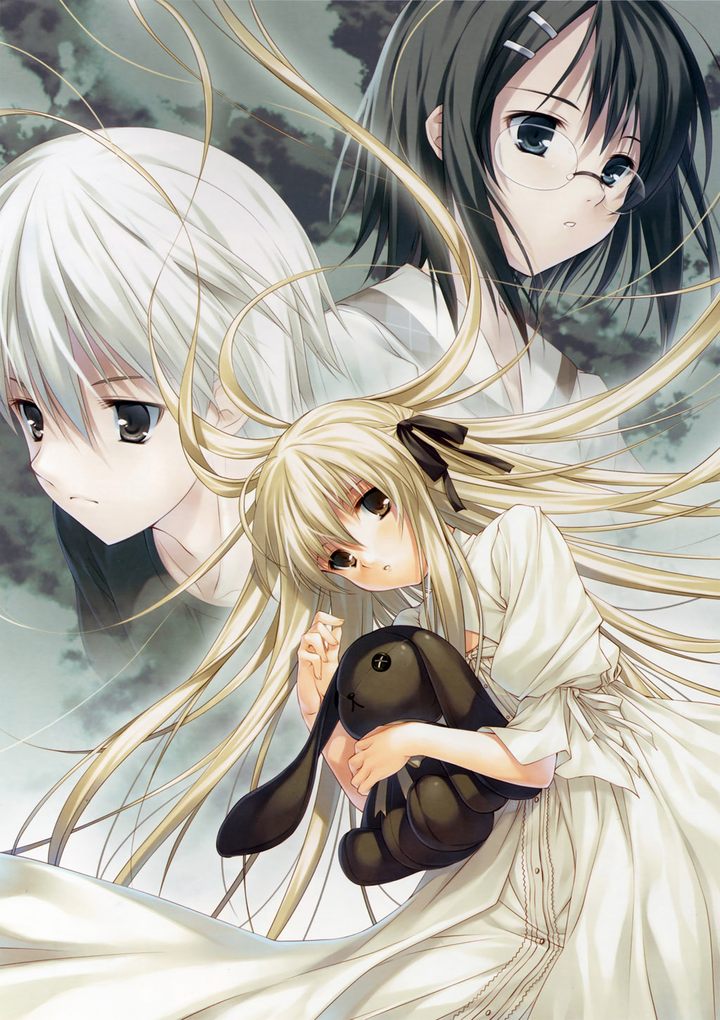hagure keg, kasugano haruka, kasugano sora, yorihime nao, yosuga no sora, highres, jpeg artifacts, 1boy, 2girls, glasses, hair spread out, long hair, multiple girls, rabbit, stuffed animal, stuffed rabbit, stuffed toy