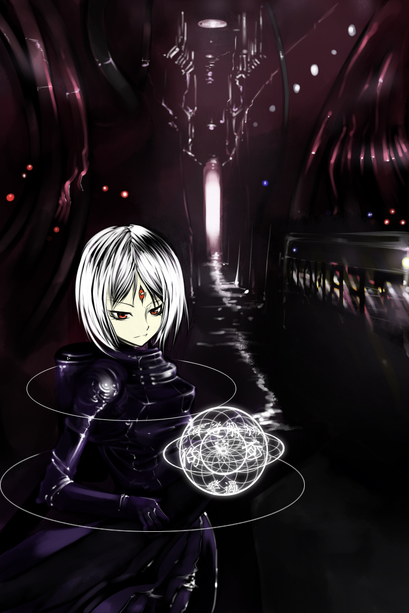 kae (artist), original, silver hair, highres, bodysuit, dark, red eyes, science fiction, short hair, solo, third eye