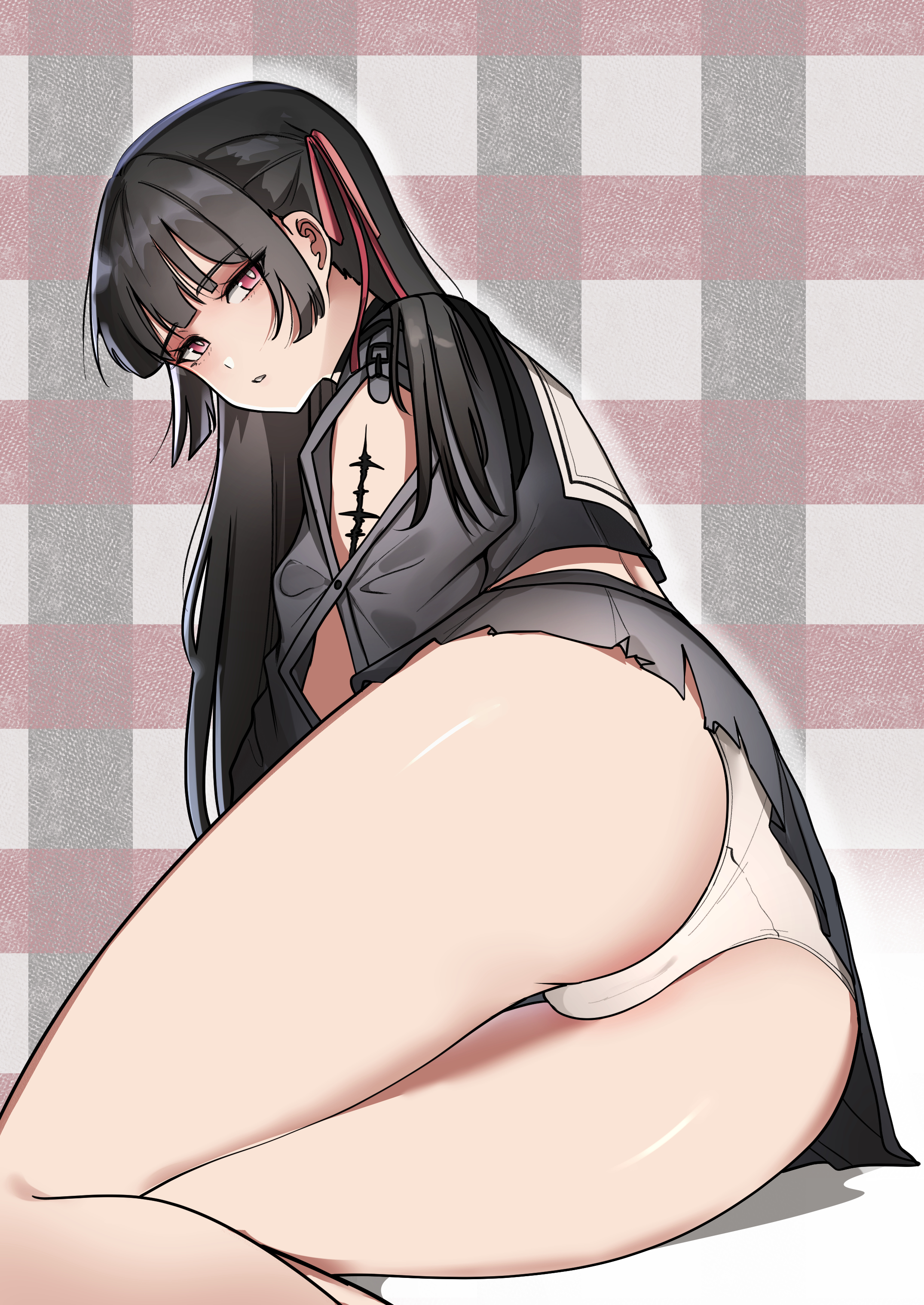 nayak, chisa (wuthering waves), wuthering waves, absurdres, commentary, highres, 1girl, arm cutout, ass, ass focus, black hair, black serafuku, black shirt, black skirt, clothing cutout, from behind, hair ribbon, long hair, long sleeves, looking at viewer, looking back, panties, parted lips, red eyes, red ribbon, ribbon, school uniform, serafuku, shirt, sitting, skirt, solo, tacet mark (wuthering waves), thigh gap, thighs, underwear, white panties