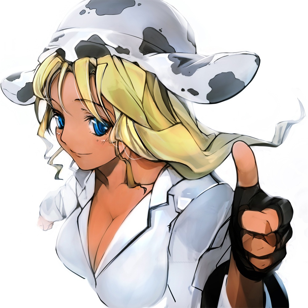 pupps, 1girl, animal ears, animal hat, animal print, blonde hair, blue eyes, breasts, cleavage, cow print, female focus, fingerless gloves, gloves, hat, large breasts, solo, thumbs up
