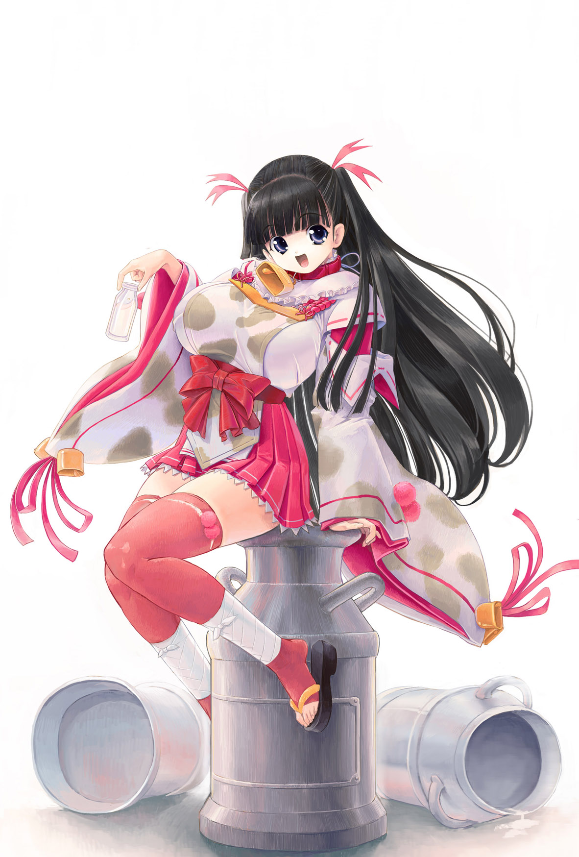 kiyama satoshi, original, highres, 1girl, :d, adapted uniform, animal print, apron, bandages, bell, belt, black hair, blue eyes, blunt bangs, bottle, bow, breasts, collar, cow print, cowbell, detached sleeves, female focus, frills, hair ribbon, hakama, hakama skirt, huge breasts, japanese clothes, long hair, miko, milk, neck bell, okobo, open mouth, platform sandals, pleated skirt, purple eyes, red hakama, red thighhighs, ribbon, sandals, sash, shoe dangle, sitting, skirt, smile, solo, thighhighs, toeless legwear, toes, very long hair, wide sleeves, zettai ryouiki
