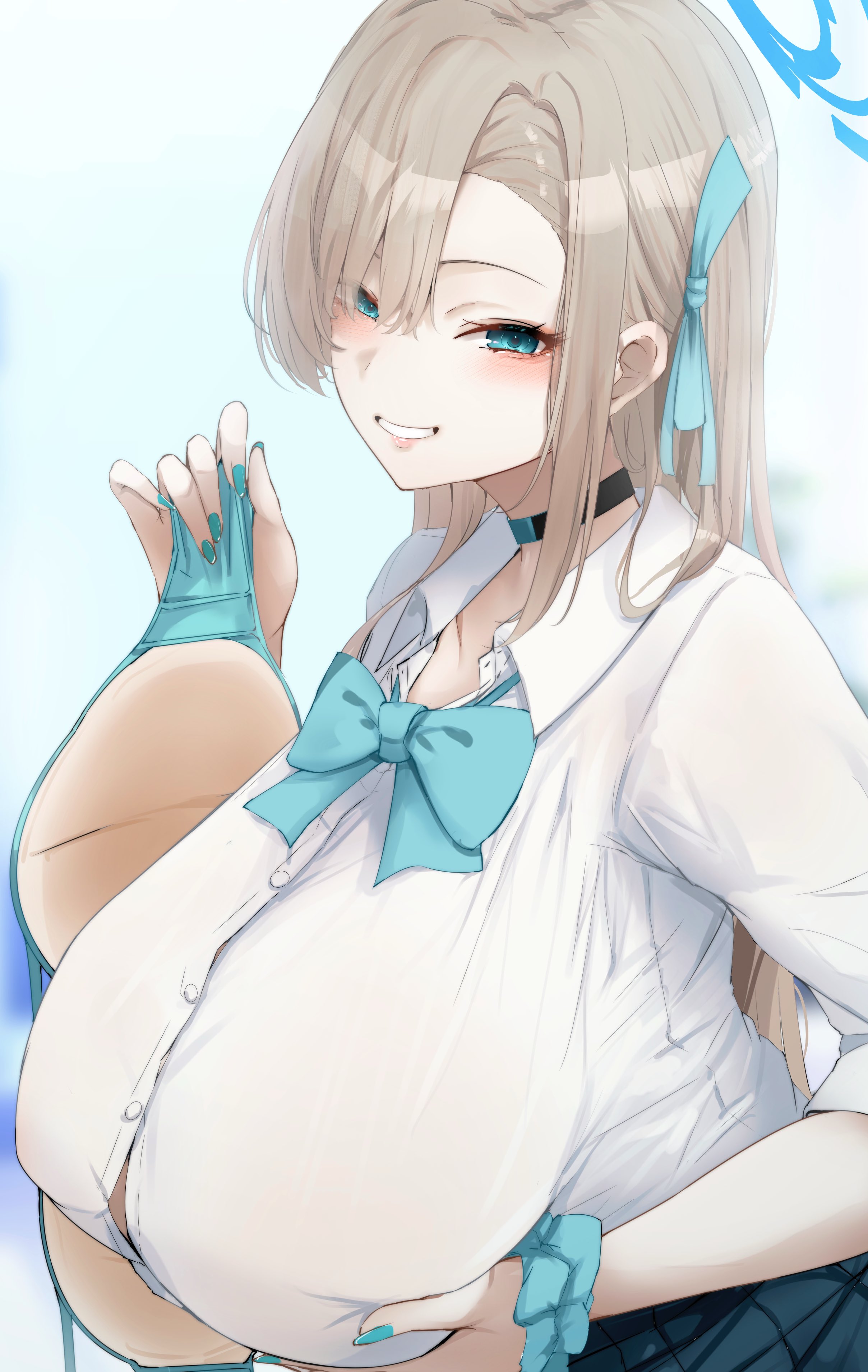 ryuu., asuna (blue archive), asuna (school uniform) (blue archive), blue archive, absurdres, highres, 1girl, blonde hair, blue bow, blue bowtie, blue bra, blue eyes, blue halo, blush, bow, bowtie, bra, breasts, choker, collarbone, grabbing own breast, grin, hair over one eye, hair ribbon, halo, holding, holding bra, holding underwear, holding unworn clothes, huge breasts, long hair, looking at viewer, ribbon, scrunchie, shirt, sleeves rolled up, smile, solo, underwear, unworn bra, very long hair, white shirt, wrist scrunchie