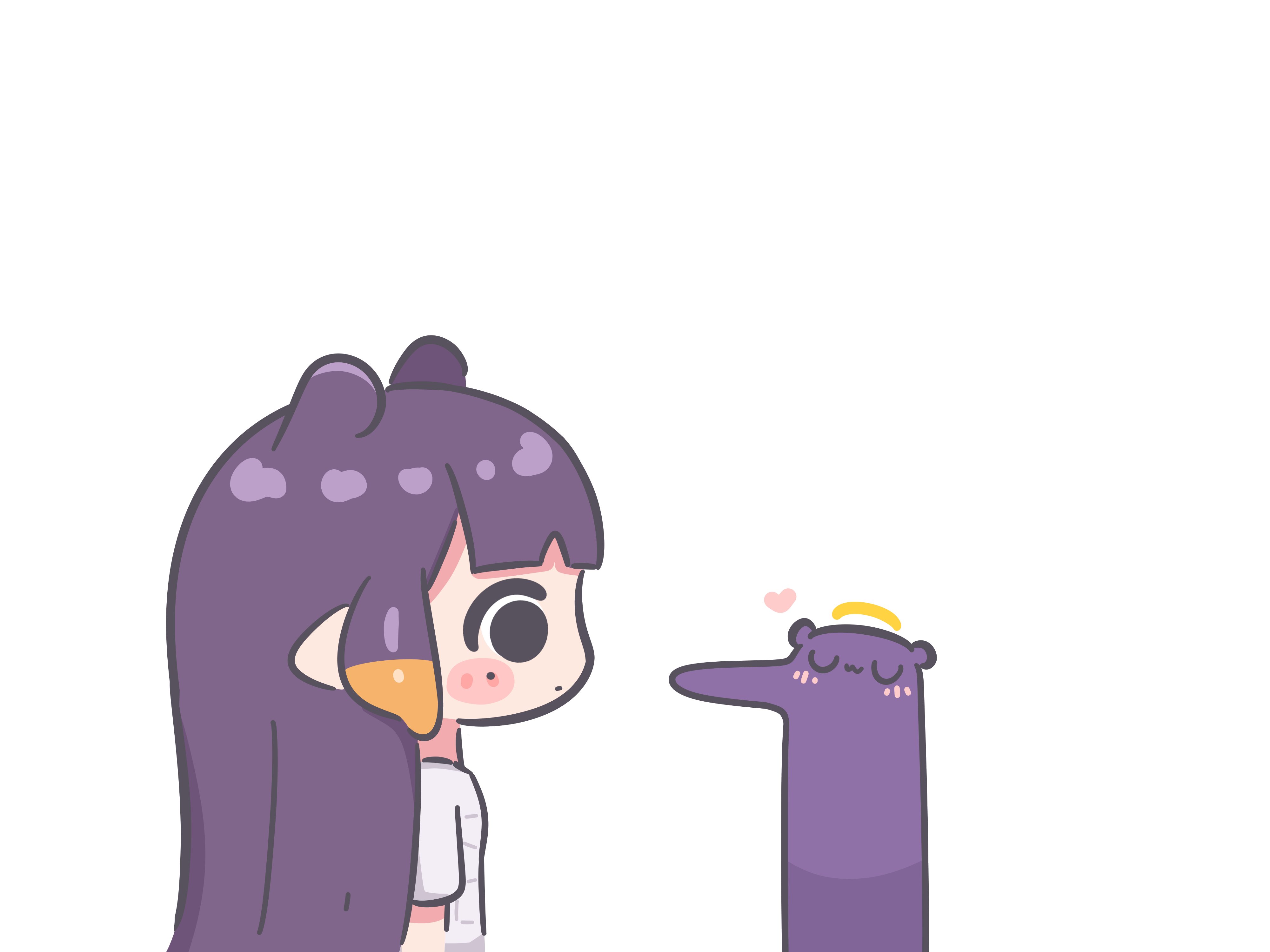mpien, ninomae ina'nis, ninomae ina'nis (loungewear), takodachi (ninomae ina'nis), hololive, hololive english, absurdres, commentary, highres, :3, black eyes, blush stickers, closed eyes, closed mouth, dot mouth, expressionless, from side, halo, heart, long hair, looking at another, maomao evading jinshi's kiss (meme), meme, multicolored hair, orange hair, purple hair, sidelocks, tentacle hair, two-tone hair, virtual youtuber