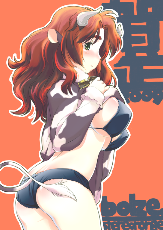 bolze, 00s, 1girl, 2009, animal ears, animal print, bell, bikini, breasts, brown hair, cow ears, cow girl, cow horns, cow print, cow tail, cowbell, cowboy shot, female focus, green eyes, horns, large breasts, long hair, new year, outline, red background, sideboob, solo, string bikini, swimsuit, tail