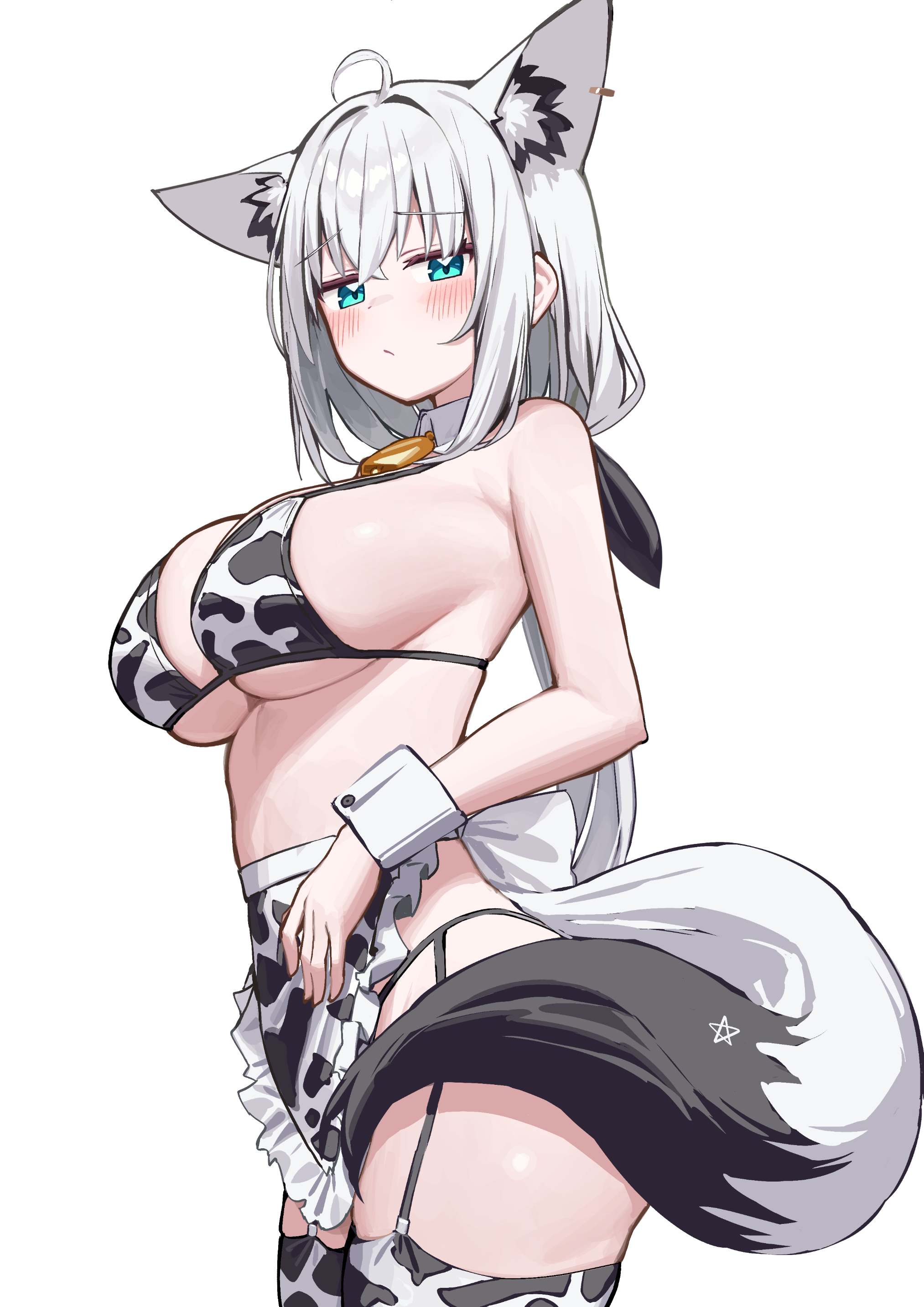 deaver, shirakami fubuki, hololive, absurdres, highres, 1girl, alternate costume, animal ears, animal print, aqua eyes, bikini, blush, breasts, closed mouth, cow print, cow print bikini, cow print thighhighs, fox ears, fox girl, fox tail, garter straps, large breasts, long hair, looking at viewer, pentagram, print bikini, print thighhighs, simple background, solo, standing, swimsuit, tail, thighhighs, virtual youtuber, white background, white hair