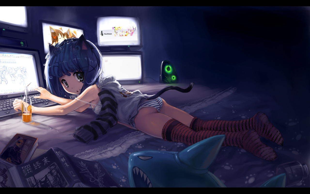 observerz, original, bad id, bad pixiv id, 1girl, :o, animal ears, blue hair, book, cat ears, cat tail, chinese text, computer, computer keyboard, curly hair, female focus, flat chest, glowing, juice, legs, lying, on stomach, panties, short hair, solo, speaker, strap slip, striped clothes, striped panties, striped thighhighs, tail, thighhighs, underwear