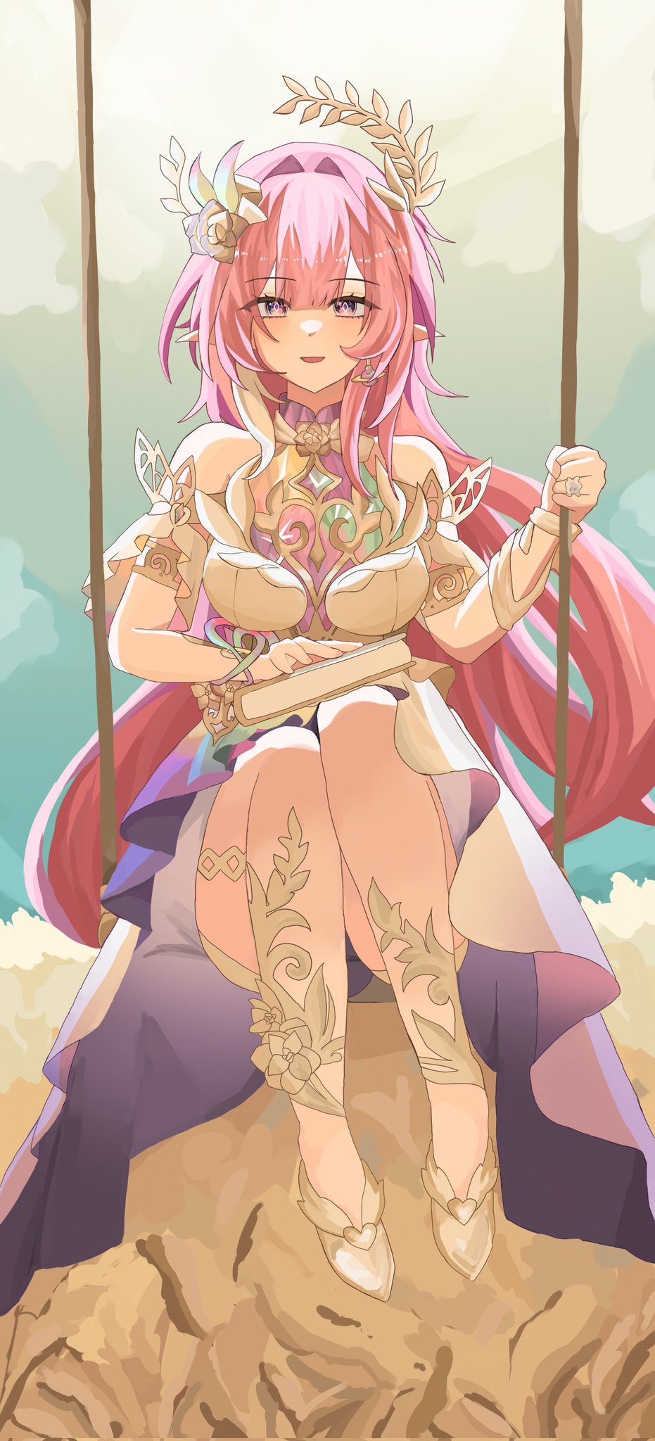 cyrene (honkai: star rail), cyrene (ripples of past reverie) (honkai: star rail), honkai: star rail, honkai (series), commentary request, corrupted twitter file, highres, korean commentary, 1girl, bare shoulders, blue sky, book, breasts, diamond-shaped pupils, diamond (shape), dress, earrings, halo, jewelry, large breasts, long hair, looking at viewer, multicolored hair, on swing, outdoors, pink hair, pointy ears, purple eyes, sky, smile, sock 222, solo, swing, symbol-shaped pupils, thighs, two-tone hair, very long hair, wheat, white dress, white hair