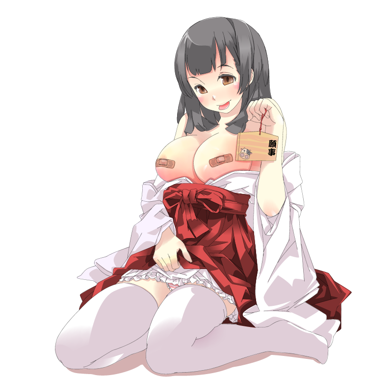 kazuha nanako, nanako (artist), original, bad id, bad pixiv id, 1girl, :p, bandaid, bandaids on nipples, black hair, brown eyes, female focus, hakama, hakama skirt, japanese clothes, long hair, miko, open clothes, panties, pasties, red hakama, sitting, skirt, solo, striped clothes, striped panties, thighhighs, tongue, tongue out, underwear