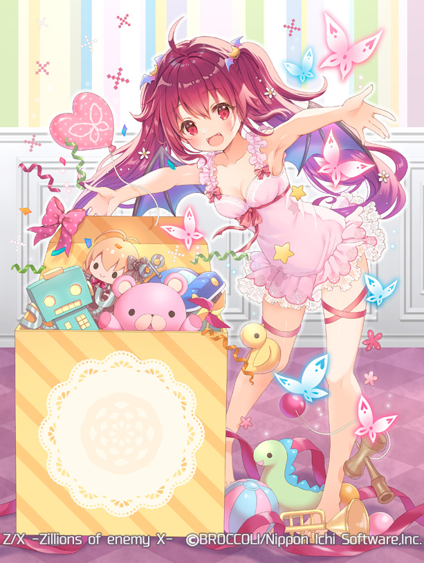 serino itsuki, z/x, official art, 1girl, ahoge, armpits, babydoll, ball, balloon, bat hair ornament, bat wings, breasts, bug, bugle, butterfly, cleavage, confetti, copyright notice, fang, flower, glowing butterfly, hair flower, hair ornament, heart balloon, indoors, insect, instrument, kendama, looking at viewer, medium breasts, nei (z/x), open mouth, outstretched arms, pink babydoll, red eyes, red hair, red ribbon, ribbon, spread arms, star (symbol), stuffed animal, stuffed toy, teddy bear, toy box, toy car, toy robot, twintails, wings