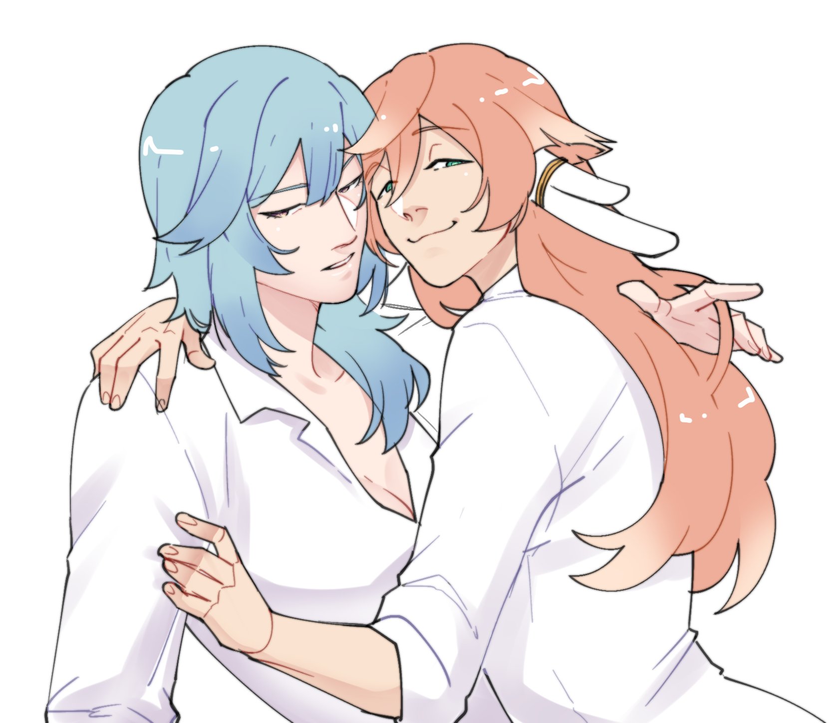 brocoliholy, eula (genshin impact), yanfei (genshin impact), genshin impact, highres, 2girls, :3, arm up, blue hair, breasts, cleavage, collared shirt, green pupils, hand in another's hair, hand on another's arm, hand on another's shoulder, heads together, horns, leaning forward, long hair, looking at viewer, medium hair, multiple girls, parted lips, partially unbuttoned, pink hair, shirt, sleeves rolled up, smile, upper body, white background, white horns, white shirt, yellow pupils, yuri
