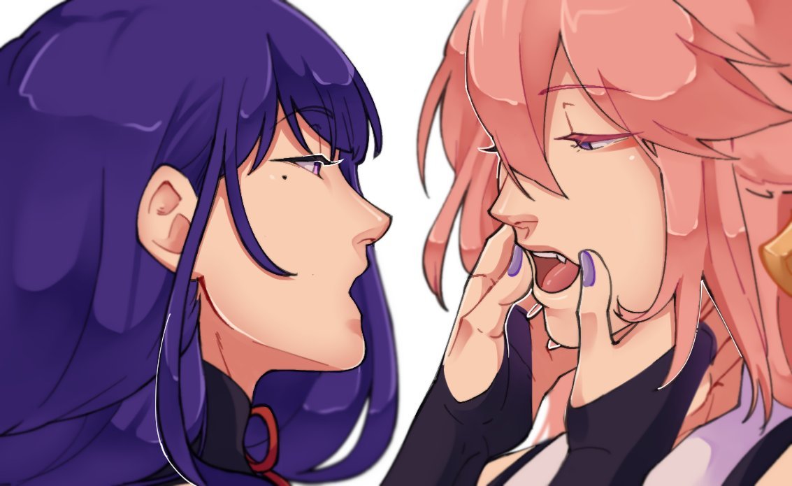 brocoliholy, raiden shogun, yae miko, genshin impact, 2girls, bodysuit, fang, half-closed eyes, hands on another's face, imminent kiss, long hair, looking at another, lowered eyelids, mole, mole under eye, multiple girls, open mouth, pink hair, purple hair, purple nails, purple pupils, shirt, sleeveless, tongue, turtleneck, turtleneck bodysuit, white shirt, yuri