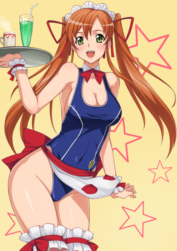 yokaze japan, shirley fenette, code geass, 00s, 1girl, :d, bare shoulders, blush, breasts, carrying, cleavage, covered navel, cup, curvy, detached collar, drink, drinking straw, female focus, green eyes, groin, hair ribbon, headdress, hip focus, large breasts, long hair, looking at viewer, mug, one-piece swimsuit, open mouth, orange hair, ribbon, school swimsuit, sideboob, skin tight, smile, solo, spandex, standing, star (symbol), steam, swimsuit, thighhighs, thighs, tray, twintails, waitress, wrist cuffs