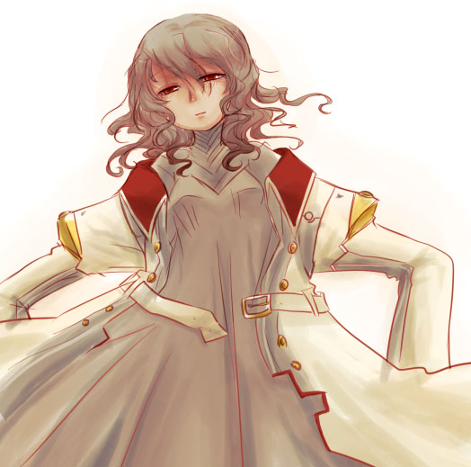 cruithne, motu, izanami (persona), atlus, persona, persona 4, bad id, bad pixiv id, 1girl, cowboy shot, dress, female focus, grey hair, long sleeves, looking at viewer, red eyes, short hair, simple background, solo, white background, white dress