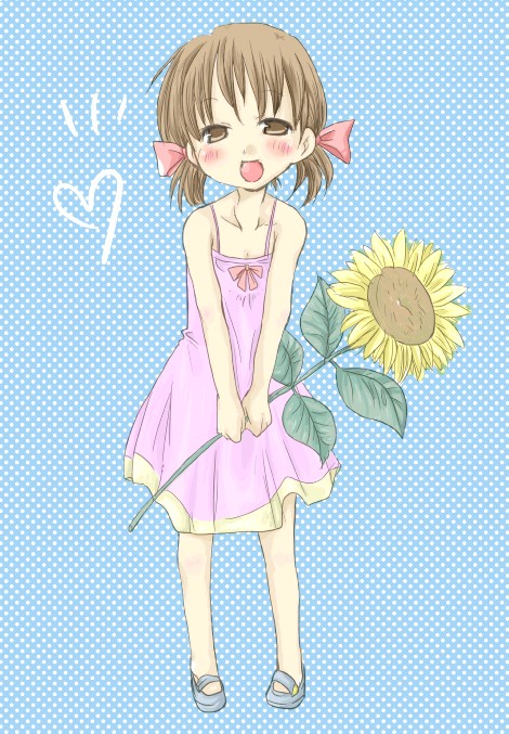inaba (pixiv378853), katsuma inaba, doujima nanako, atlus, persona, persona 4, 1girl, bare shoulders, blush, dress, female focus, flower, heart, short twintails, solo, standing, sundress, sunflower, twintails