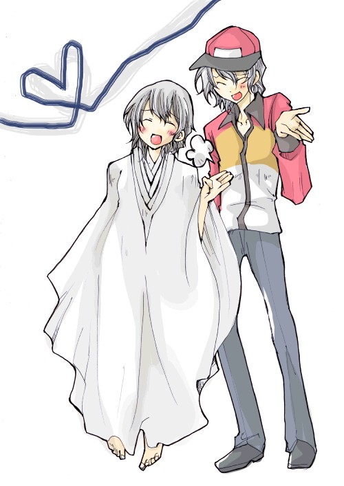 inaba (pixiv378853), katsuma inaba, izanami (persona), atlus, persona, persona 4, spoilers, 2girls, androgynous, dark persona, dual persona, grey hair, multiple girls, reverse trap, smile, time paradox