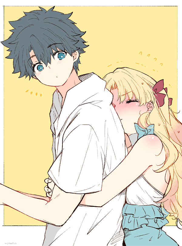 azumi (myameco), ereshkigal (fate), ereshkigal (swimsuit beast) (fate), fujimaru ritsuka (male), fujimaru ritsuka (male) (summer street), fate/grand order, fate (series), commentary, symbol-only commentary, 1boy, 1girl, black hair, blonde hair, blue eyes, closed eyes, hair ribbon, hug, hug from behind, jacket, long hair, one-piece swimsuit, red ribbon, ribbon, short hair, swimsuit, white jacket, yellow background