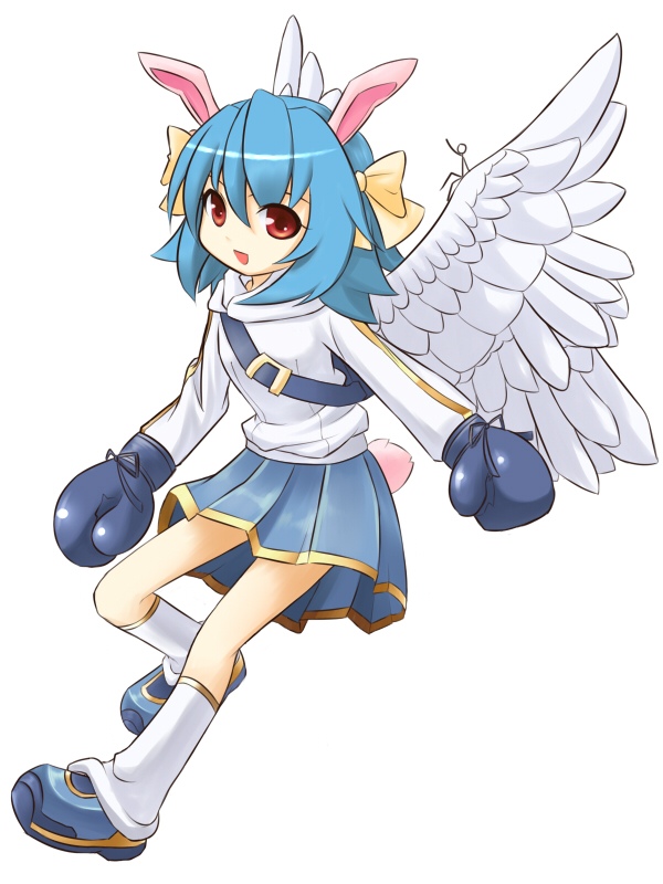tsuukounin (pixiv 39749), bunny (trickster), lina (trickster), trickster (ntreev soft), 10s, angel wings, animal ears, backpack, bag, blue hair, boxing gloves, hairband, headband, hood, hoodie, loose socks, open mouth, rabbit ears, rabbit tail, randoseru, red eyes, simple background, skirt, socks, solo, tail, wings