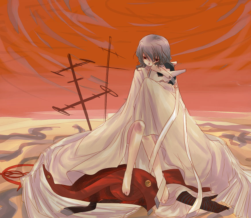 cruithne, motu, izanagi (persona 4), izanami (persona), atlus, persona, persona 4, 1girl, barefoot, female focus, grey hair, red eyes, solo