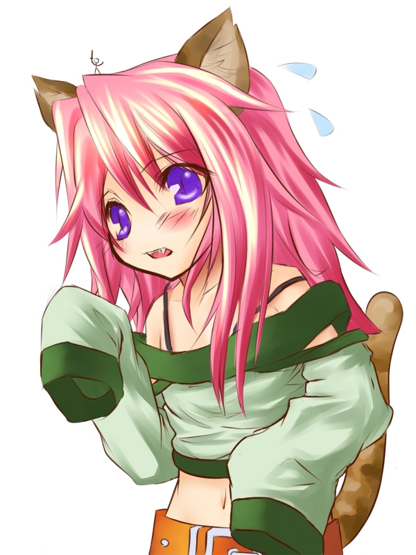 tsuukounin (pixiv 39749), cat (trickster), trickster (ntreev soft), 10s, animal ears, belt, blush, cat ears, cat tail, detached sleeves, fang, long hair, midriff, navel, open mouth, pink hair, purple eyes, simple background, solo, sweat, tail