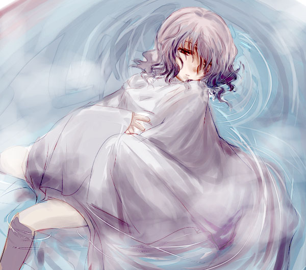 cruithne, motu, izanami (persona), atlus, persona, persona 4, 1girl, bare legs, blush, expressionless, female focus, from above, grey hair, looking at viewer, lying, on back, partially submerged, red eyes, short hair, solo, water