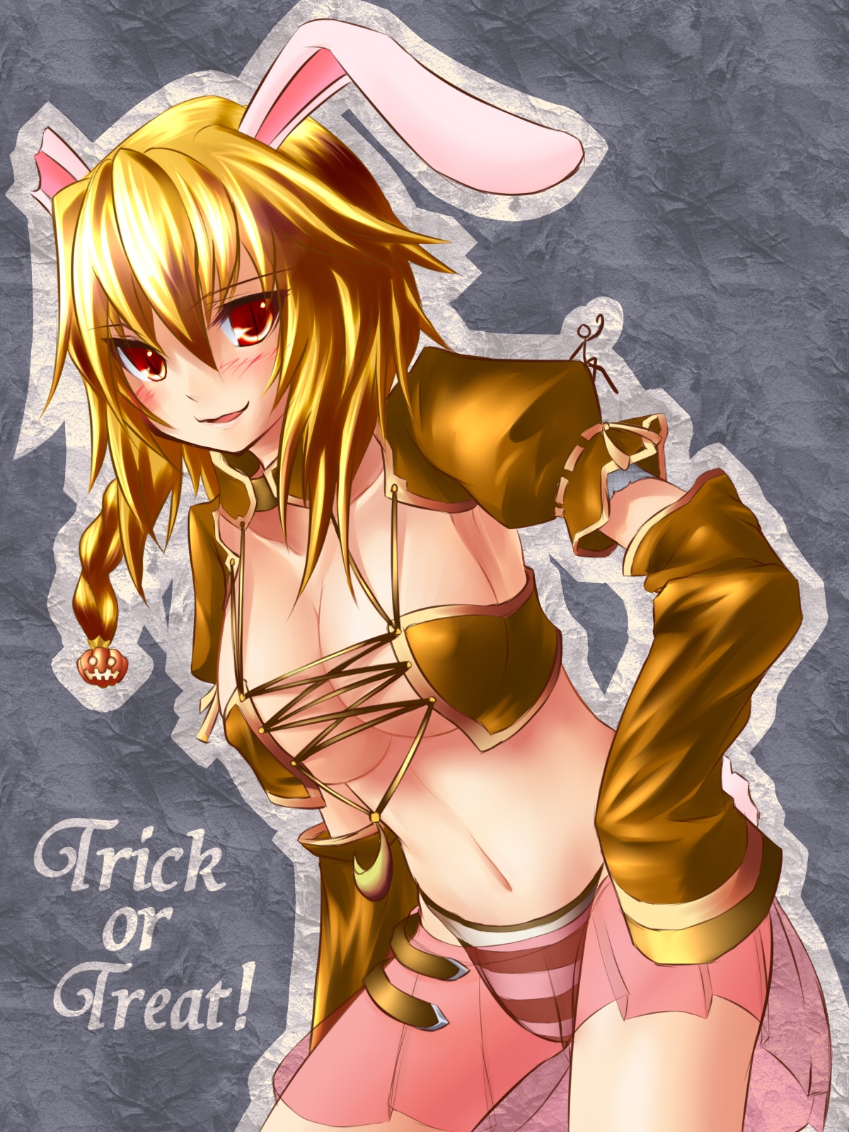 tsuukounin (pixiv 39749), bunny (trickster), trickster (ntreev soft), highres, 10s, 1girl, animal ears, bandeau bikini, blonde hair, blush, braid, breasts, brown eyes, cleavage, collar, covered erect nipples, detached sleeves, female focus, grey background, halloween, large breasts, leaning forward, midriff, navel, panties, rabbit ears, rabbit tail, see-through clothes, skirt, solo, striped clothes, striped panties, tail, trick or treat, underwear