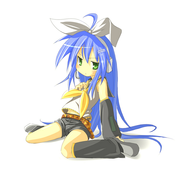 miko machi, izumi konata, kagamine rin, lucky star, vocaloid, bad id, bad pixiv id, 1girl, ahoge, blue hair, cosplay, detached sleeves, female focus, green eyes, hair ribbon, kagamine rin (cosplay), long hair, mole, mole under eye, ribbon, sitting, solo