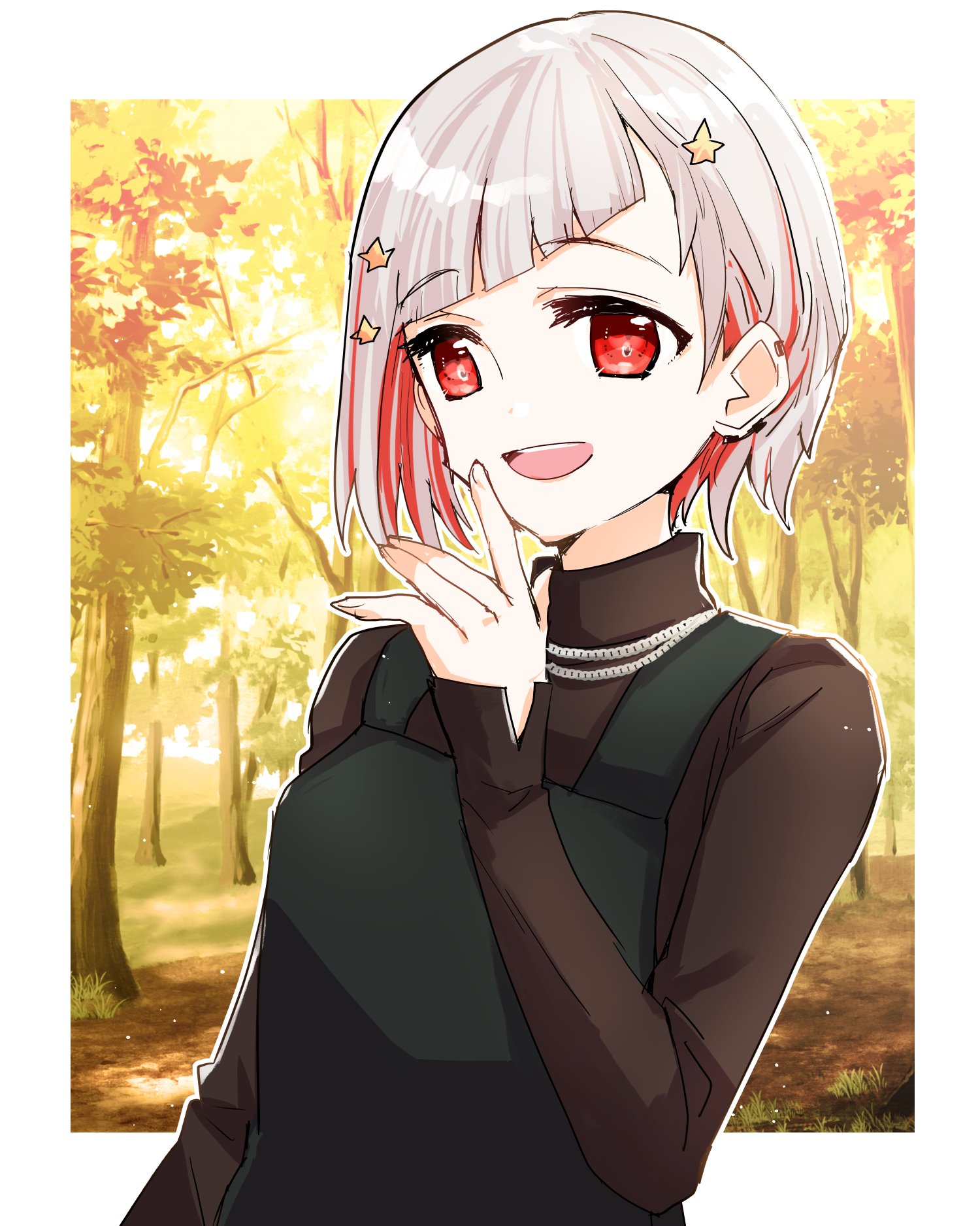 kanduki kamibukuro, yugiri tsuzuri, link! like! love live!, love live!, commentary, highres, 1girl, autumn, black sweater, border, diagonal bangs, hair ornament, light particles, looking at viewer, multicolored hair, official alternate costume, outdoors, outside border, red eyes, red hair, short hair, solo, star (symbol), star hair ornament, streaked hair, sweater, turtleneck, turtleneck sweater, upper body, virtual youtuber, white border, white hair, yugiri tsuzuri (post-graduation)