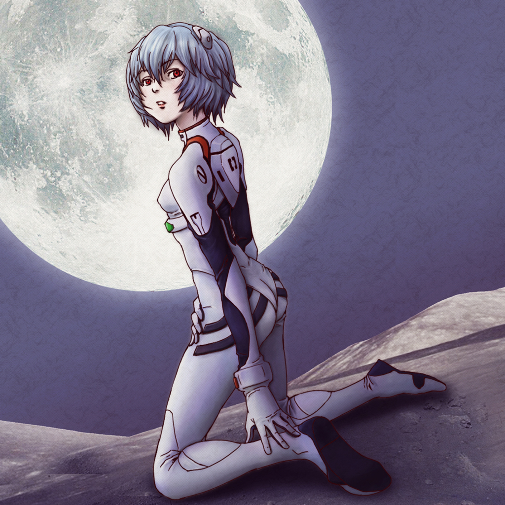 marimo (pixiv 516046), ayanami rei, neon genesis evangelion, bad id, bad pixiv id, 1girl, ass, blue hair, female focus, kneeling, mecha pilot suit, moon, plugsuit (evangelion), red eyes, short hair, solo